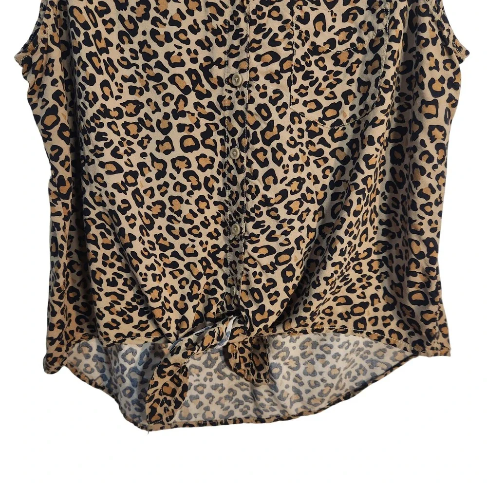 Beach lunch lounge Leopard Print Sleeveless Tie Front Button Down Top XL Brown - Picture 3 of 8